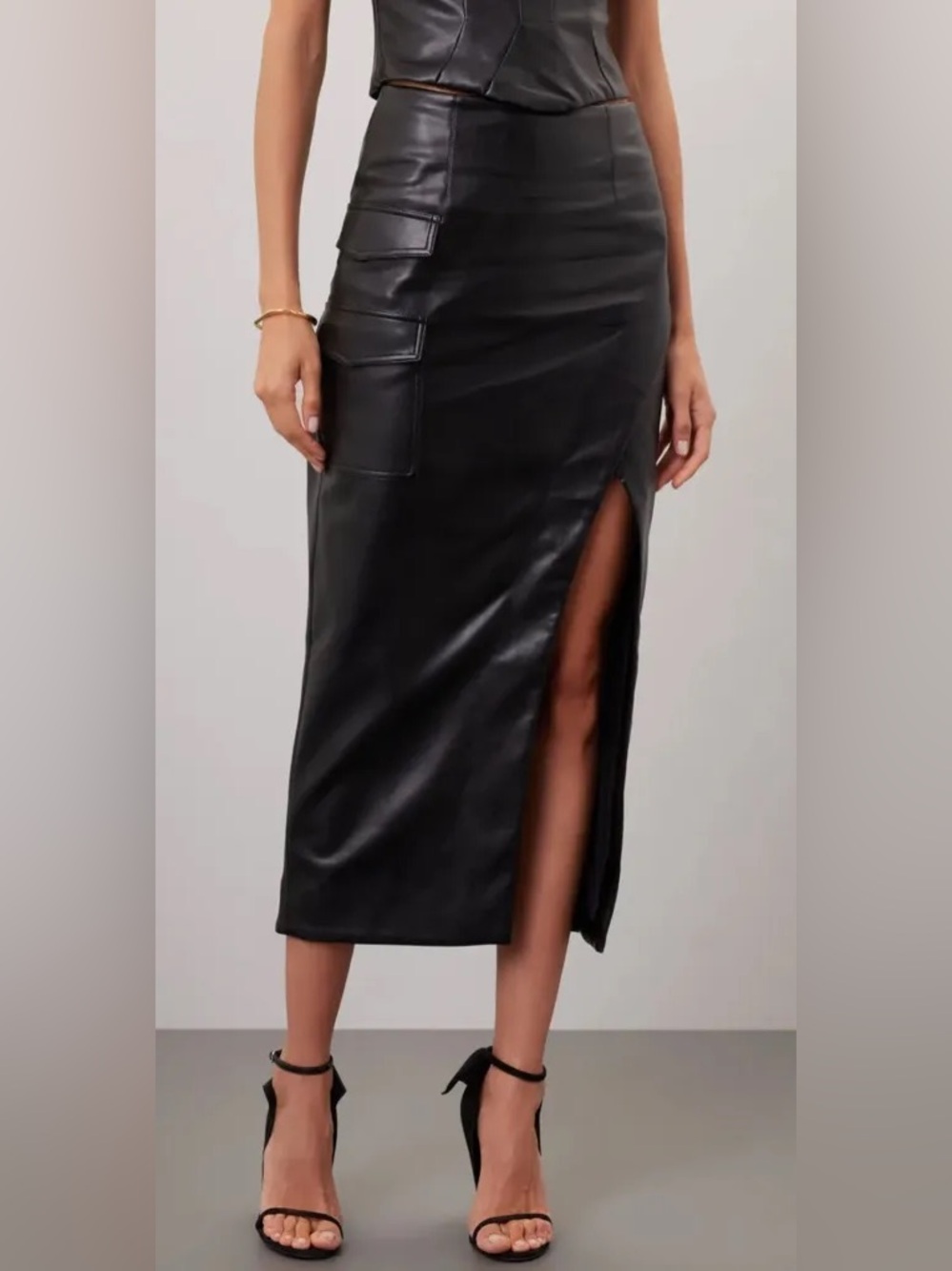 NICHOLAS Black Faux Leather Cargo Maxi Skirt Side Slit US 6